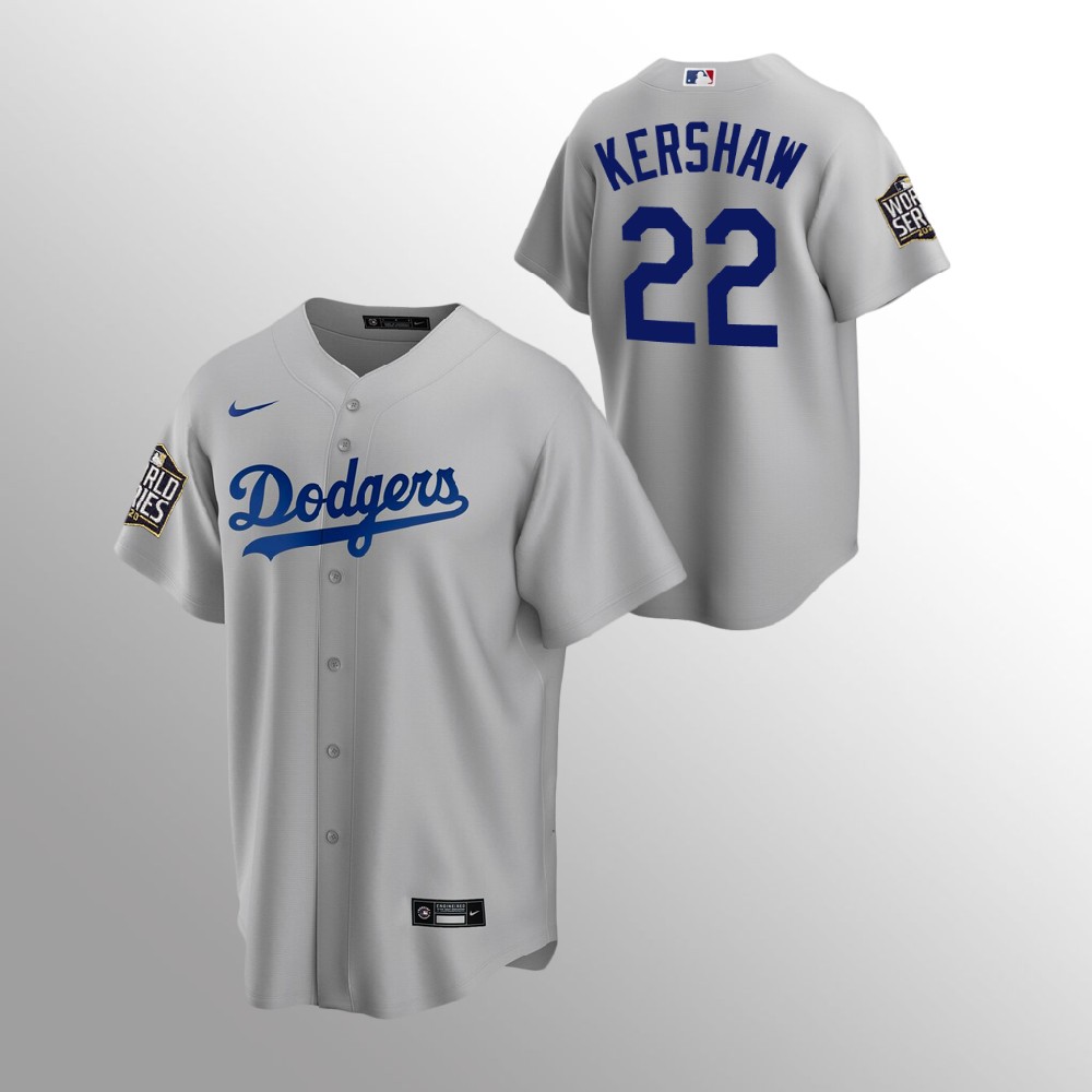 Men's Los Angeles Dodgers #22 Clayton Kershaw Grey 2020 World Series Bound stitched MLB Jersey