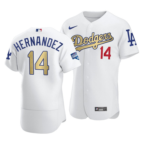 Men's Los Angeles Dodgers #14 Enrique Hernandez White Gold 2021 World Series Champions Patch Sttiched MLB Jersey Men's Los Angeles Dodgers #14 Enrique Hernandez White Gold 2021 World Series Champions Patch Sttiched MLB Jersey
