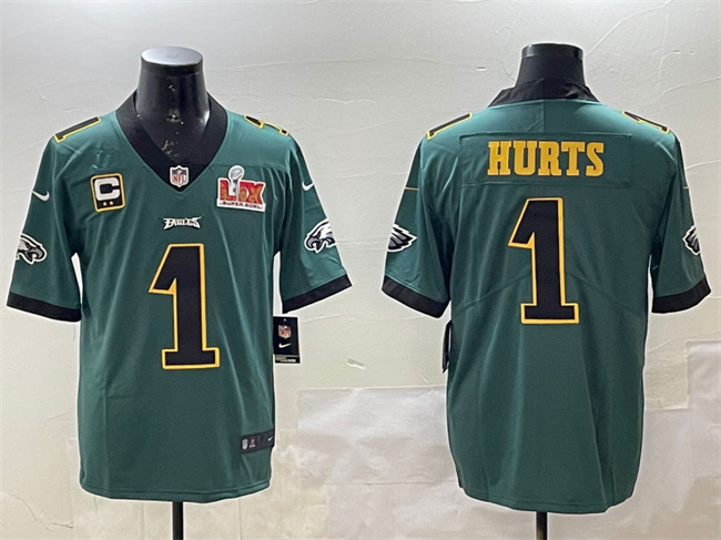Men's Philadelphia Eagles #1 Jalen Hurts Green Golden 2025 Super Bowl LIX Patch And 2-star C Patch Vapor Untouchable Limited Stitched Football Jersey Men's Philadelphia Eagles #1 Jalen Hurts Green Golden 2025 Super Bowl LIX Patch And 2-star C Patch Vapor Untouchable Limited Stitched Football Jersey