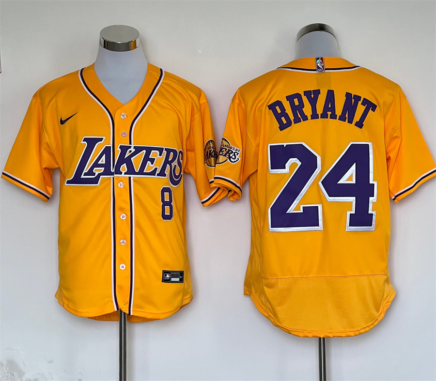 Men's Los Angeles Lakers Front #8 Back #24 Kobe Bryant Yellow Stitched Baseball Jersey Men's Los Angeles Lakers Front #8 Back #24 Kobe Bryant Yellow Stitched Baseball Jersey