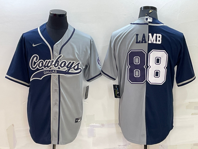 Men's Dallas Cowboys #88 CeeDee Lamb Navy/Grey Split With Patch Cool Base Stitched Baseball Jersey Men's Dallas Cowboys #88 CeeDee Lamb Navy/Grey Split With Patch Cool Base Stitched Baseball Jersey