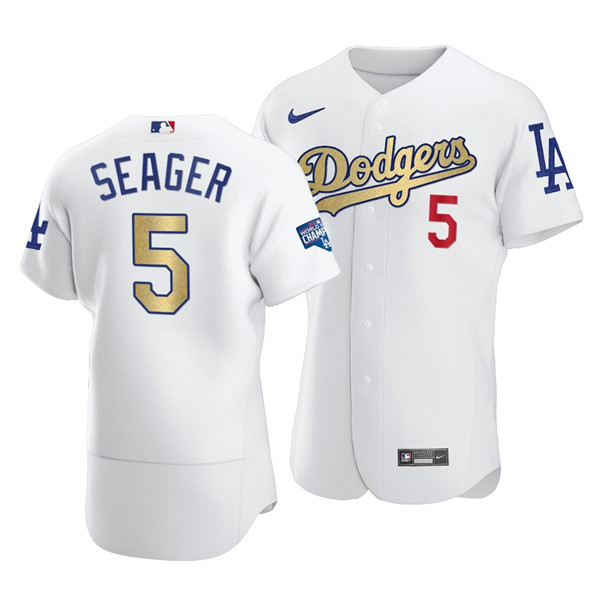 Men's Los Angeles Dodgers #5 Corey Seager White Gold 2021 World Series Champions Patch Sttiched MLB Jersey Men's Los Angeles Dodgers #5 Corey Seager White Gold 2021 World Series Champions Patch Sttiched MLB Jersey