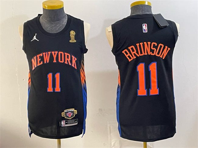 Men's New Yok Knicks #11 Jalen Brunson Black 2026 Finals Champions Patch Statement Edition Stitched Jersey