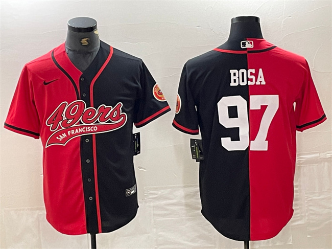 Men's San Francisco 49ers #97 Nick Bosa Red/Black Split With Patch Cool Base Stitched Baseball Jersey Men's San Francisco 49ers #97 Nick Bosa Red/Black Split With Patch Cool Base Stitched Baseball Jersey