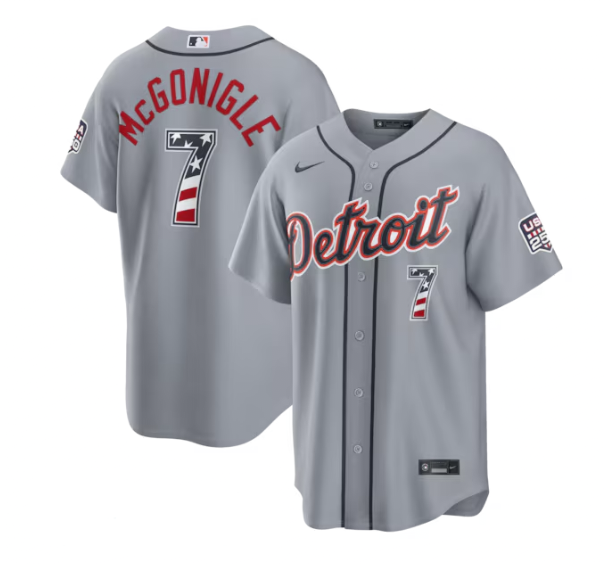 Men's Detroit Tigers ACTIVE PLAYER Custom Gray USA 250 Fourth of July Road Stadium Jersey