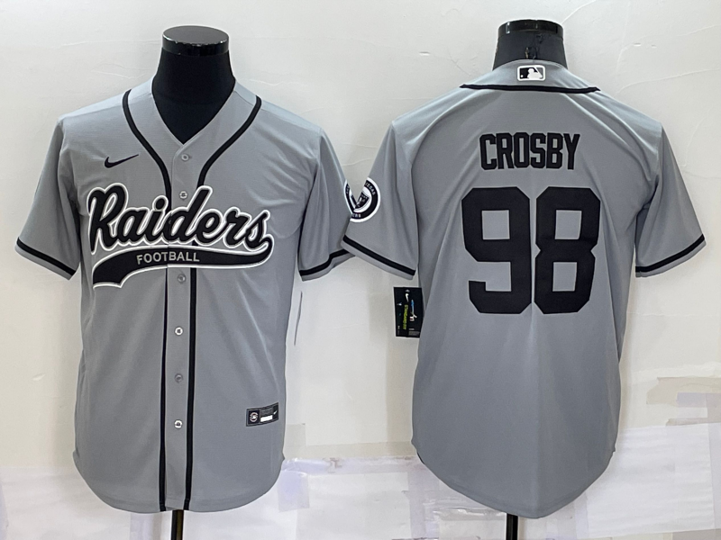 Men's Las Vegas Raiders #98 Maxx Crosby Grey Cool Base Stitched Baseball Jersey Men's Las Vegas Raiders #98 Maxx Crosby Grey Cool Base Stitched Baseball Jersey