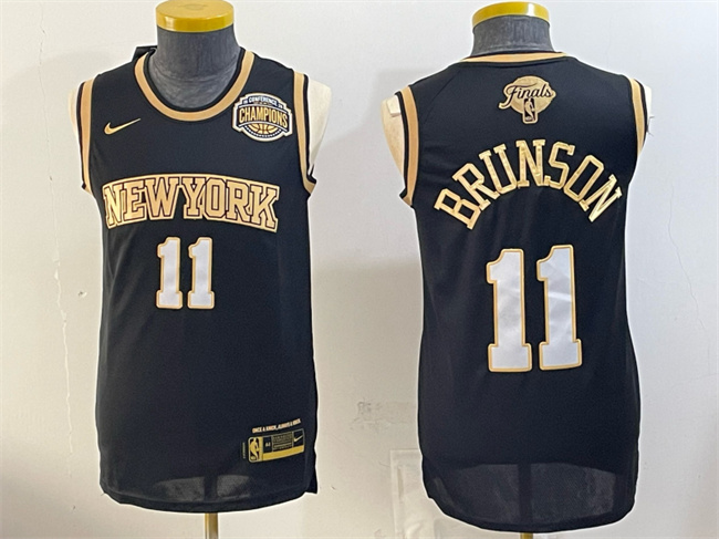 Men's New Yok Knicks #11 Jalen Brunson Black Gold 2026 Finals & Eastern Conference Champions Patch Stitched Jersey Men's New Yok Knicks #11 Jalen Brunson Black Gold 2026 Finals & Eastern Conference Champions Patch Stitched Jersey