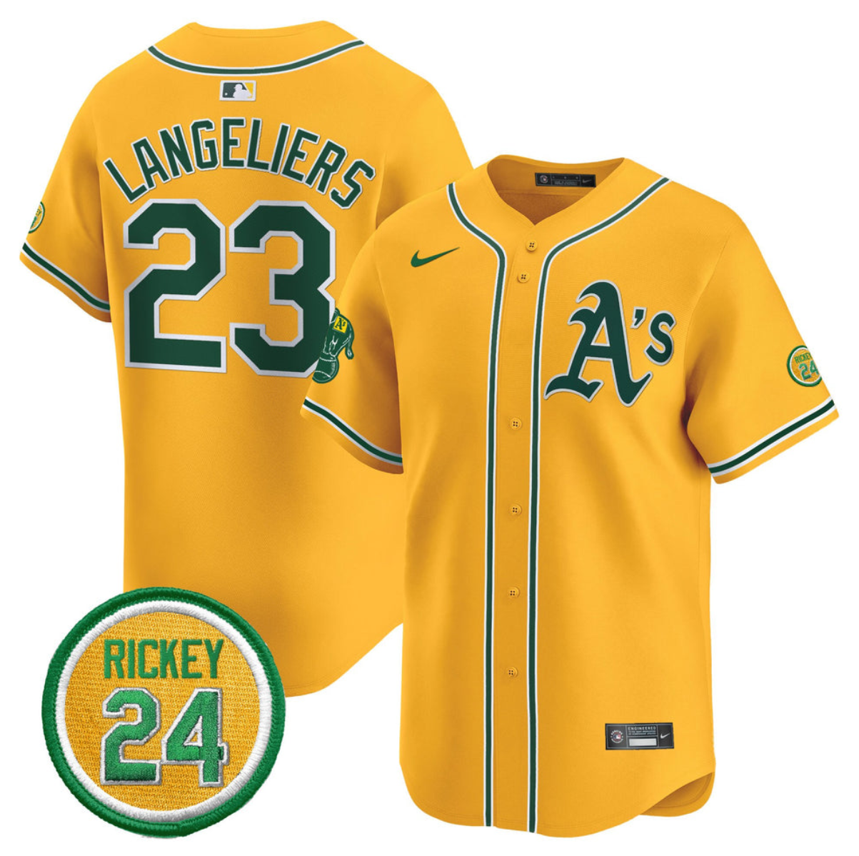 Men's Oakland Athletics #23 Shea Langeliers Yellow 2024 Limited With Rickey Henderson Patch Stitched Jersey Men's Oakland Athletics #23 Shea Langeliers Yellow 2024 Limited With Rickey Henderson Patch Stitched Jersey
