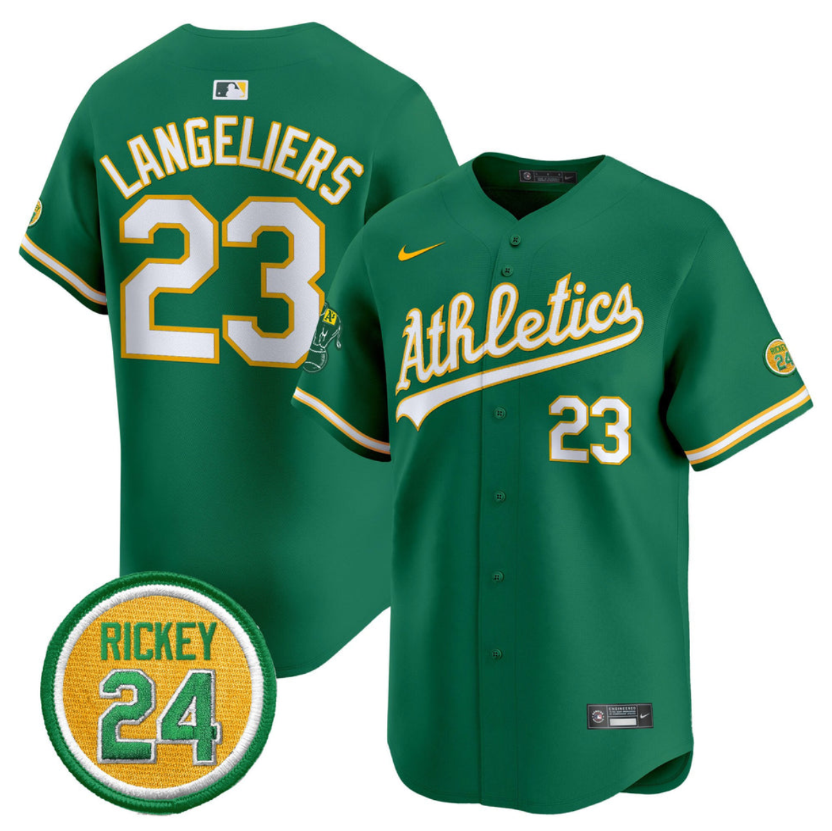 Men's Oakland Athletics #23 Shea Langeliers Green 2024 Limited With Rickey Henderson Patch Stitched Jersey Men's Oakland Athletics #23 Shea Langeliers Green 2024 Limited With Rickey Henderson Patch Stitched Jersey