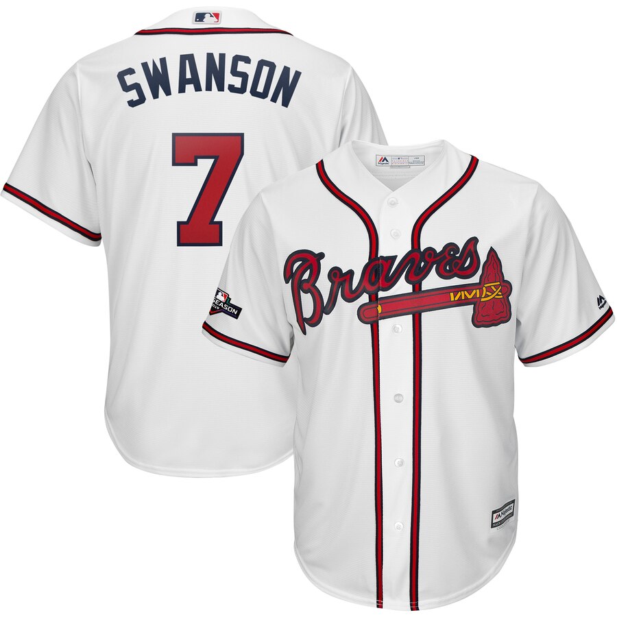 Atlanta Braves #7 Dansby Swanson Majestic 2019 Postseason Official Cool Base Player Jersey White Atlanta Braves #7 Dansby Swanson Majestic 2019 Postseason Official Cool Base Player Jersey White