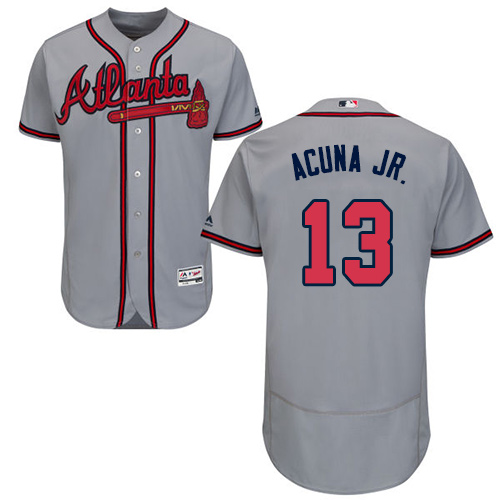Braves #13 Ronald Acuna Jr. Grey Flexbase Authentic Collection Stitched MLB Jersey Braves #13 Ronald Acuna Jr. Grey Flexbase Authentic Collection Stitched MLB Jersey