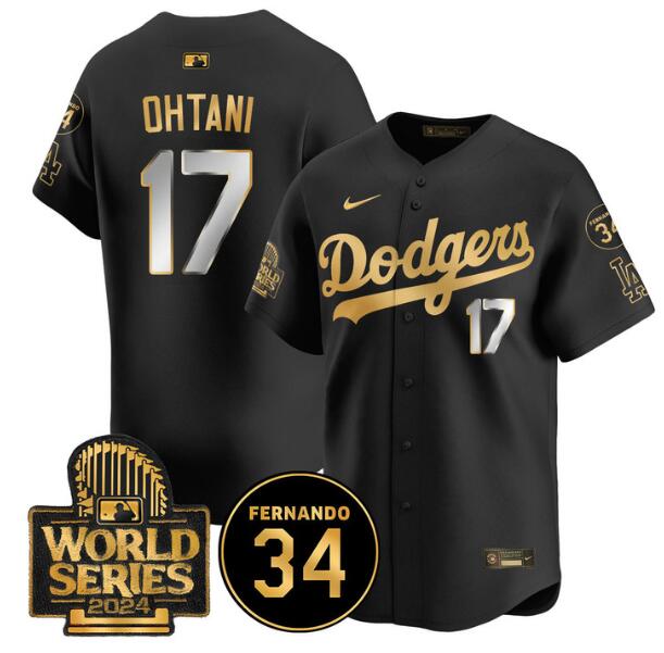 Men's Los Angeles Dodgers #17 Shohei Ohtani Black/Gold 2024 World Series With Fernando Memorial Patch Limited Stitched Baseball Jersey