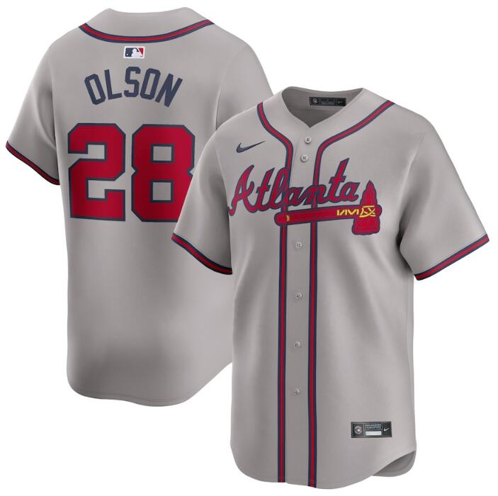 Men's Atlanta Braves #28 Matt Olson Grey 2024 Away Limited Stitched Baseball Jersey Men's Atlanta Braves #28 Matt Olson Grey 2024 Away Limited Stitched Baseball Jersey