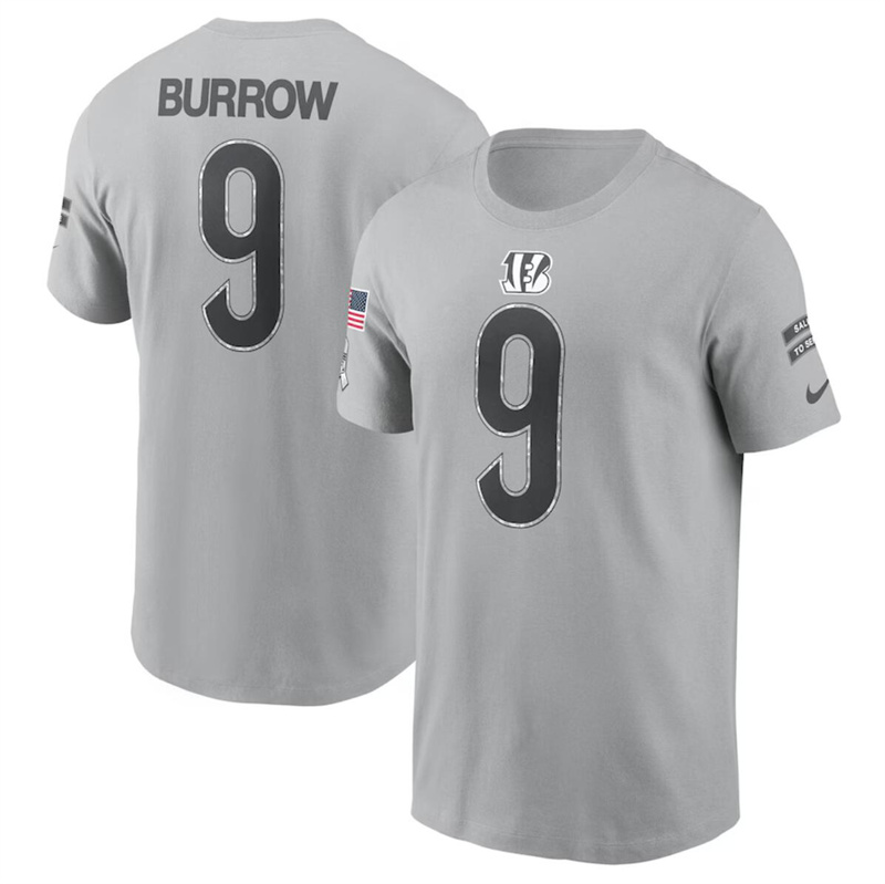 Men's Cincinnati Bengals #9 Joe Burrow 2024 Gray Salute To Service Name & Number T-Shirt Men's Cincinnati Bengals #9 Joe Burrow 2024 Gray Salute To Service Name & Number T-Shirt