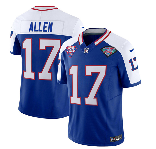 Men's Buffalo Bills #17 Josh Allen Blue/White 75th Anniversary 2023 F.U.S.E. Throwback Vapor Untouchable Limited Stitched Jersey Men's Buffalo Bills #17 Josh Allen Blue/White 75th Anniversary 2023 F.U.S.E. Throwback Vapor Untouchable Limited Stitched Jersey