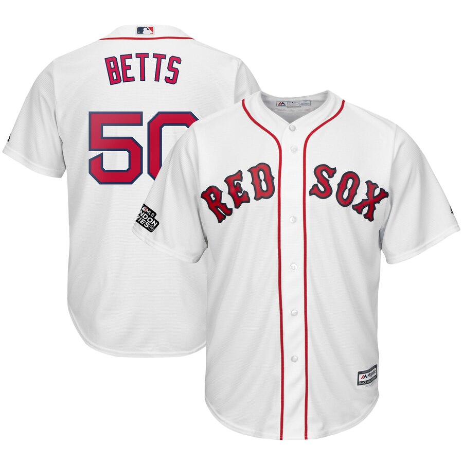 Boston Red Sox #50 Mookie Betts Majestic 2019 London Series Cool Base Player Jersey White Boston Red Sox #50 Mookie Betts Majestic 2019 London Series Cool Base Player Jersey White