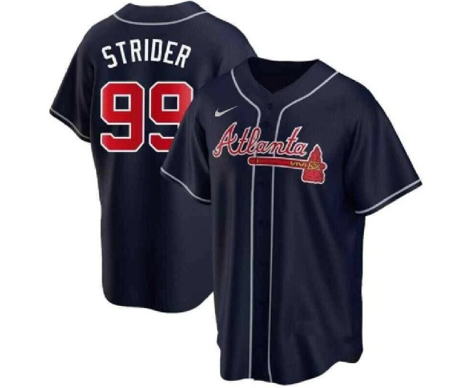 Men's Atlanta Braves #99 Spencer Strider Navy Cool Base Stitched Baseball Jersey Men's Atlanta Braves #99 Spencer Strider Navy Cool Base Stitched Baseball Jersey