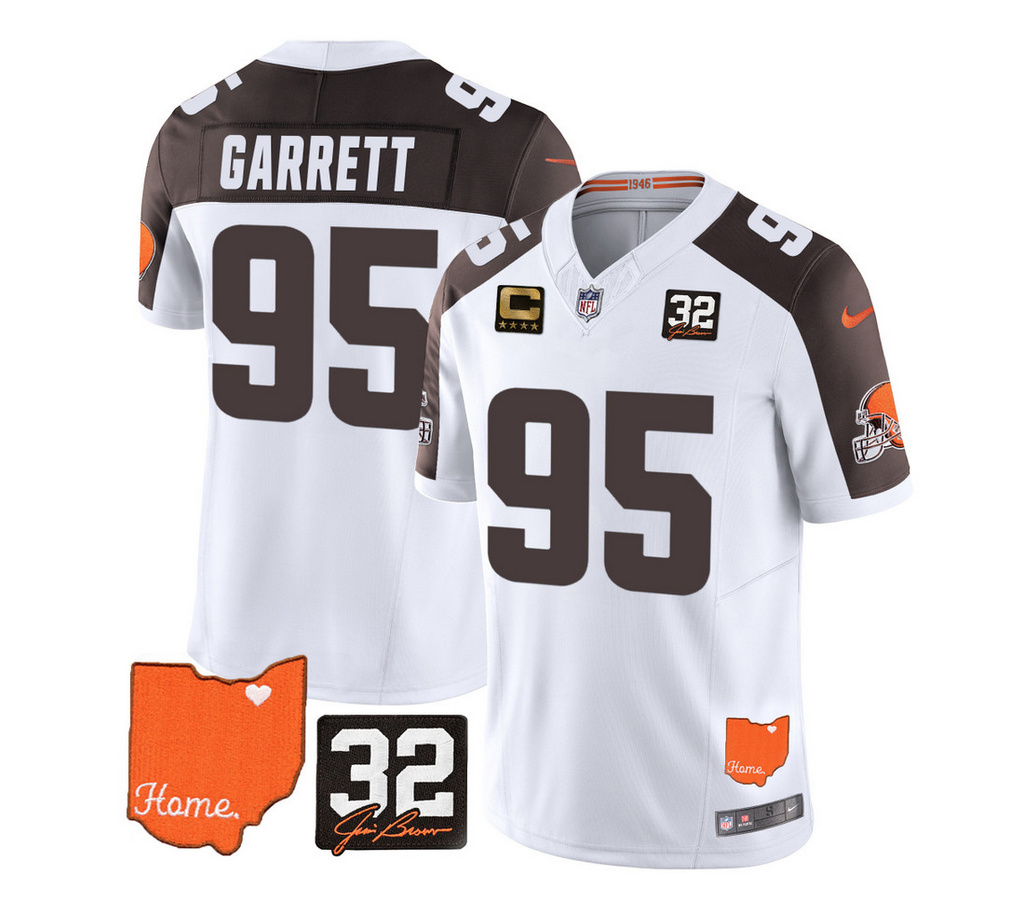 Men's Cleveland Browns #95 Myles Garrett White/Brown 2023 F.U.S.E. With Jim Brown Memorial Patch And 4-Star C Patch Vapor Untouchable Limited Stitched Jersey Men's Cleveland Browns #95 Myles Garrett White/Brown 2023 F.U.S.E. With Jim Brown Memorial Patch And 4-Star C Patch Vapor Untouchable Limited Stitched Jersey