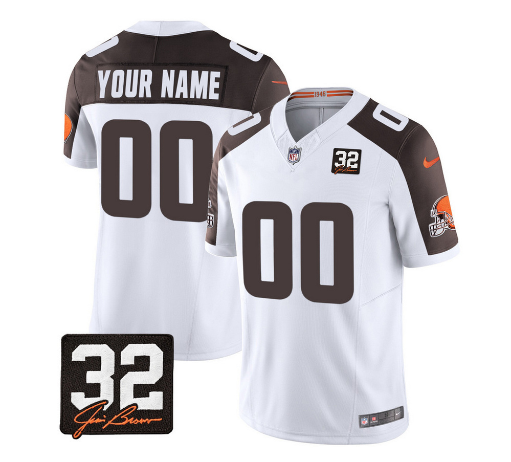 Men's Cleveland Browns Active Player Custom White/Brown 2023 F.U.S.E. With Jim Brown Memorial Patch Vapor Untouchable Limited Stitched Jersey Men's Cleveland Browns Active Player Custom White/Brown 2023 F.U.S.E. With Jim Brown Memorial Patch Vapor Untouchable Limited Stitched Jersey