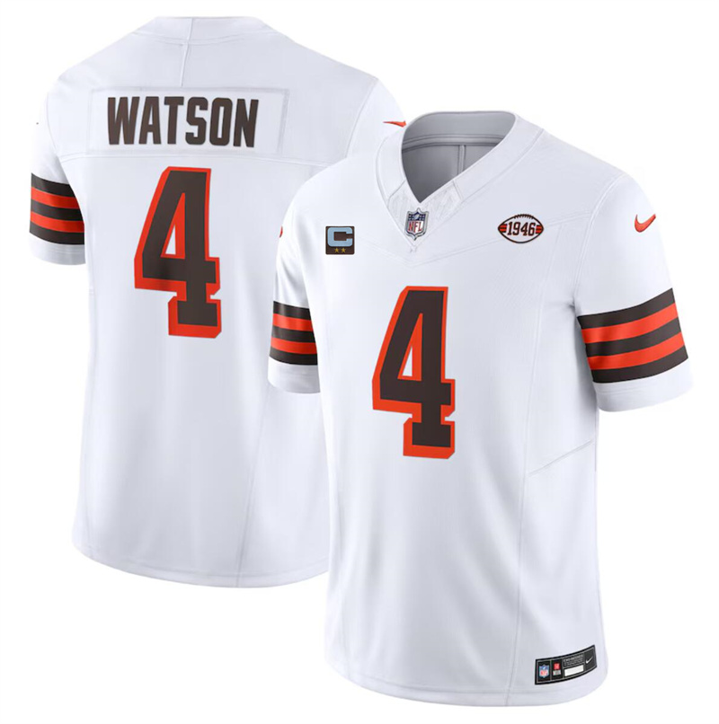 Men's Cleveland Browns #4 Deshaun Watson White 2024 F.U.S.E. With 2-Star C Patch 1946 Collection Vapor Untouchable Limited Stitched Jersey Men's Cleveland Browns #4 Deshaun Watson White 2024 F.U.S.E. With 2-Star C Patch 1946 Collection Vapor Untouchable Limited Stitched Jersey