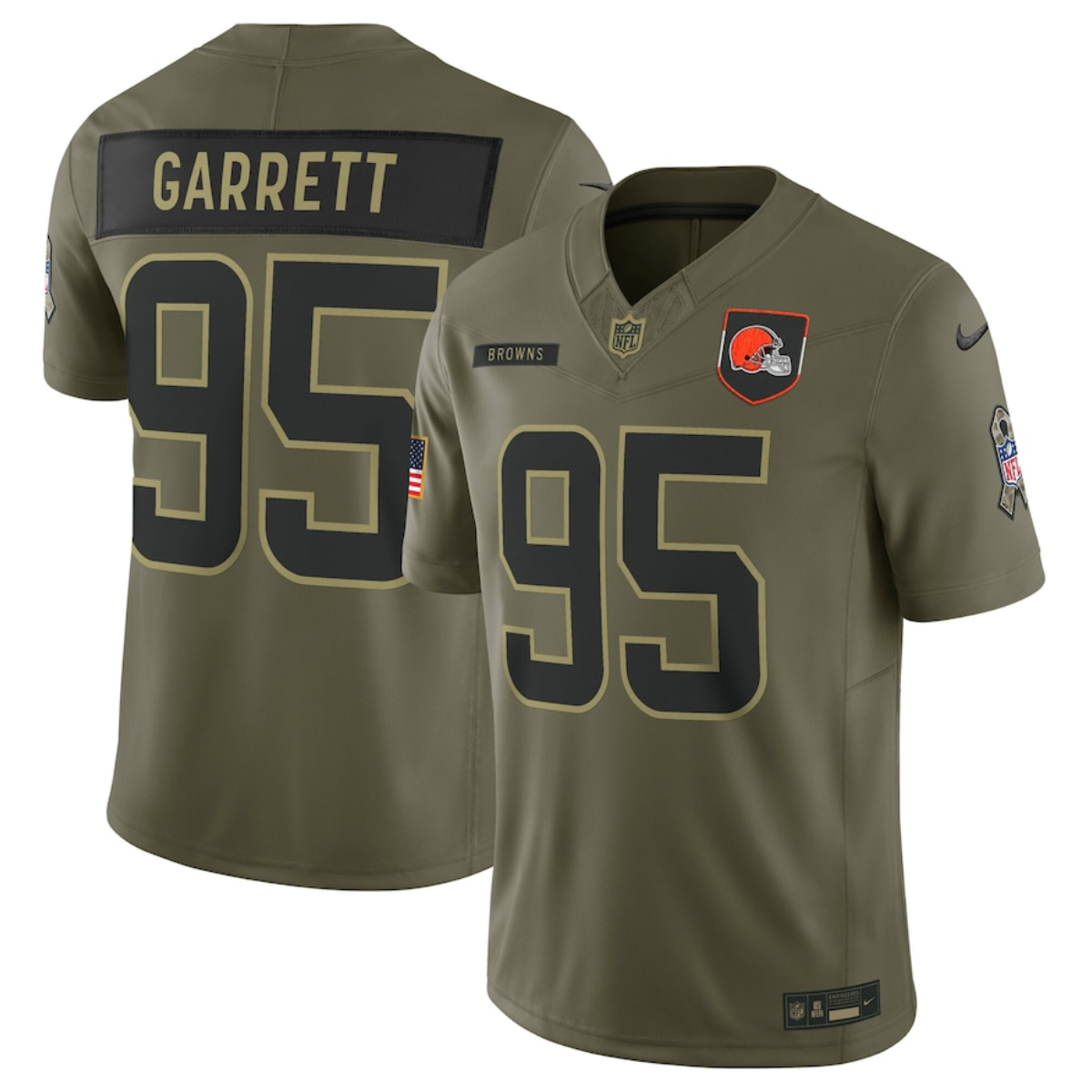 Men's Cleveland Browns #95 Myles Garrett Olive 2025 Salute to Service Limited Stitched Football Jersey