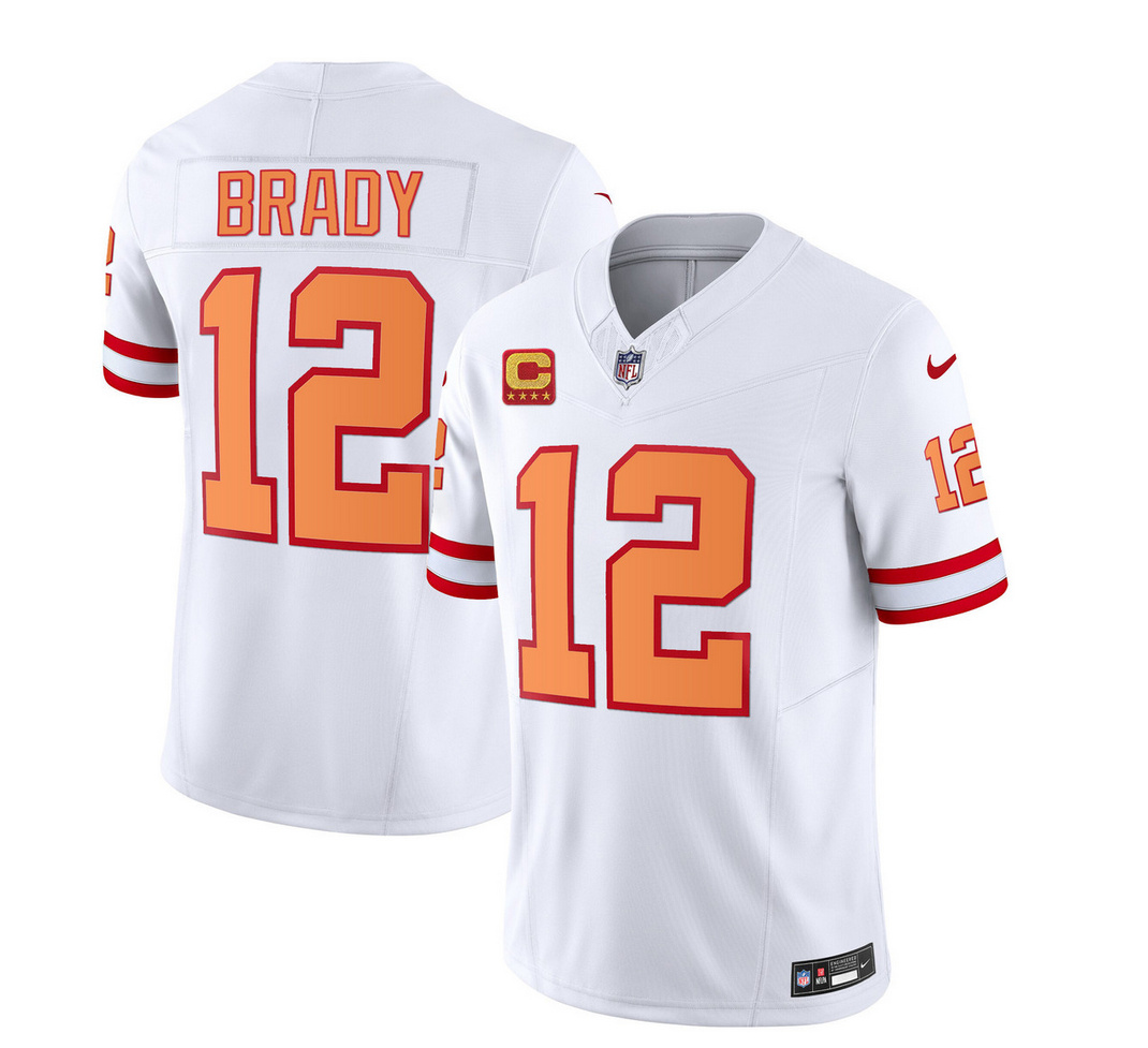 Men's Tampa Bay Buccaneers #12 Tom Brady 2023 F.U.S.E. White With 4-Star C Patch Throwback Limited Stitched Jersey Men's Tampa Bay Buccaneers #12 Tom Brady 2023 F.U.S.E. White With 4-Star C Patch Throwback Limited Stitched Jersey