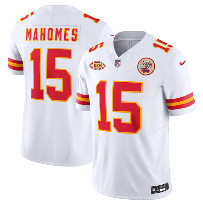 Men’s Kansas City Chiefs #15 Patrick Mahomes White 2023 F.U.S.E. With "NKH" Patch Vapor Untouchable Limited Stitched Jersey Men’s Kansas City Chiefs #15 Patrick Mahomes White 2023 F.U.S.E. With "NKH" Patch Vapor Untouchable Limited Stitched Jersey