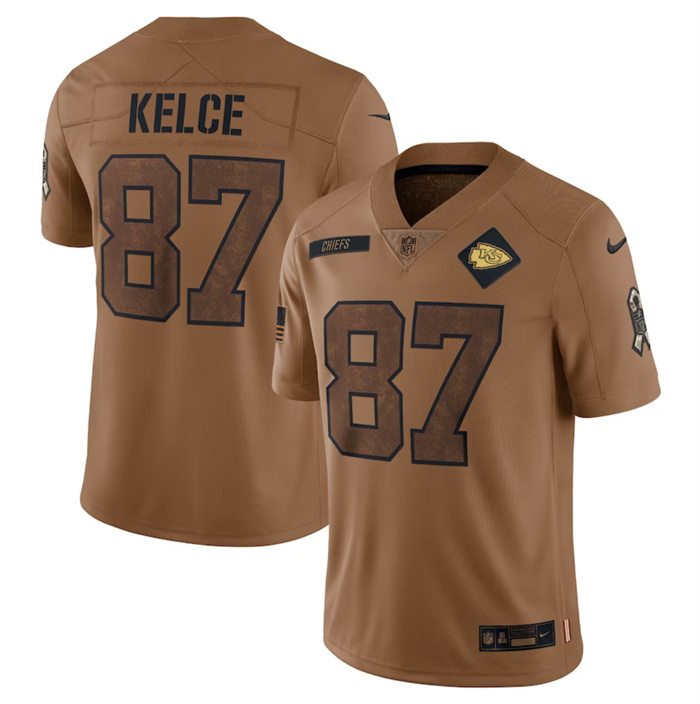 Men’s Kansas City Chiefs #87 Travis Kelce 2023 Brown Salute To Service Limited Football Jersey Men’s Kansas City Chiefs #87 Travis Kelce 2023 Brown Salute To Service Limited Football Jersey