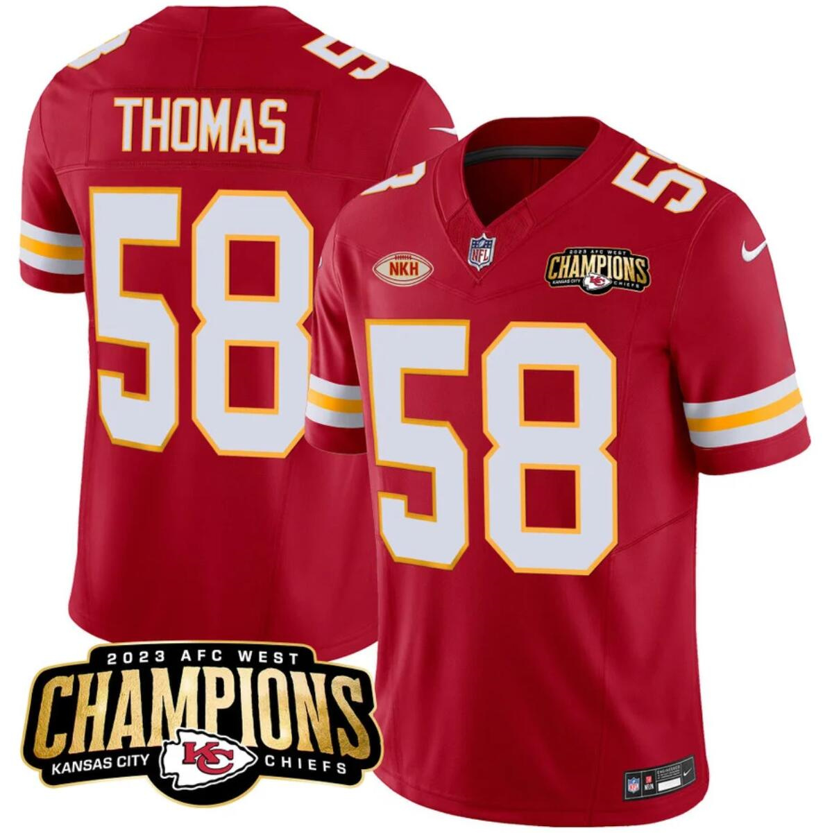 Men’s Kansas City Chiefs #58 Derrick Thomas Red 2023 F.U.S.E. AFC West Champions With "NKH" Patch Vapor Untouchable Limited Stitched Jersey Men’s Kansas City Chiefs #58 Derrick Thomas Red 2023 F.U.S.E. AFC West Champions With "NKH" Patch Vapor Untouchable Limited Stitched Jersey