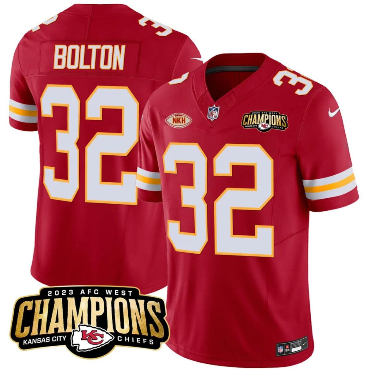 Men’s Kansas City Chiefs #32 Nick Bolton Red 2023 F.U.S.E. AFC West Champions With "NKH" Patch Vapor Untouchable Limited Stitched Jersey Men’s Kansas City Chiefs #32 Nick Bolton Red 2023 F.U.S.E. AFC West Champions With "NKH" Patch Vapor Untouchable Limited Stitched Jersey