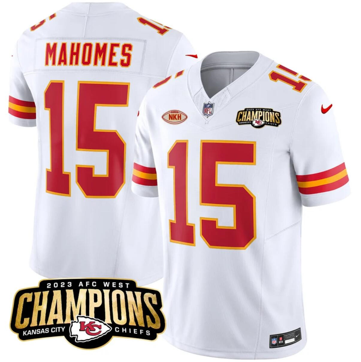 Men’s Kansas City Chiefs #15 Patrick Mahomes White 2023 F.U.S.E. AFC West Champions With "NKH" Patch Vapor Untouchable Limited Stitched Jersey Men’s Kansas City Chiefs #15 Patrick Mahomes White 2023 F.U.S.E. AFC West Champions With "NKH" Patch Vapor Untouchable Limited Stitched Jersey