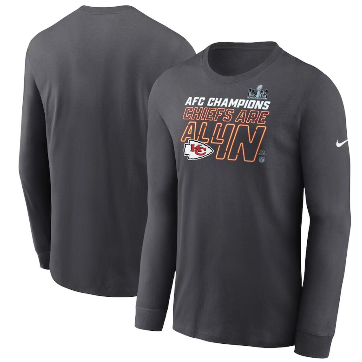 Men's Kansas City Chiefs Anthracite 2023 AFC Champions Locker Room Trophy Collection Long Sleeve T-Shirt Men's Kansas City Chiefs Anthracite 2023 AFC Champions Locker Room Trophy Collection Long Sleeve T-Shirt