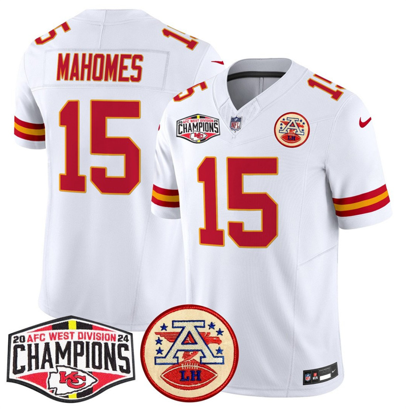 Men's Kansas City Chiefs #15 Patrick Mahomes White F.U.S.E. 2024 AFC West Division Champions Vapor Limited Stitched Football Jersey Men's Kansas City Chiefs #15 Patrick Mahomes White F.U.S.E. 2024 AFC West Division Champions Vapor Limited Stitched Football Jersey