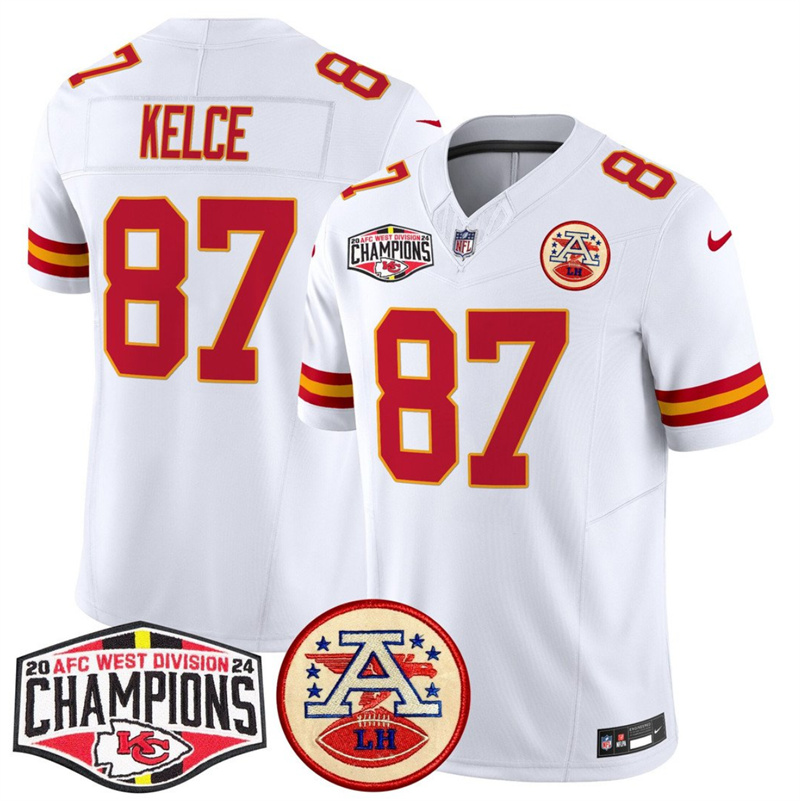 Men's Kansas City Chiefs #87 Travis Kelce White F.U.S.E. 2024 AFC West Division Champions Vapor Limited Stitched Football Jersey Men's Kansas City Chiefs #87 Travis Kelce White F.U.S.E. 2024 AFC West Division Champions Vapor Limited Stitched Football Jersey