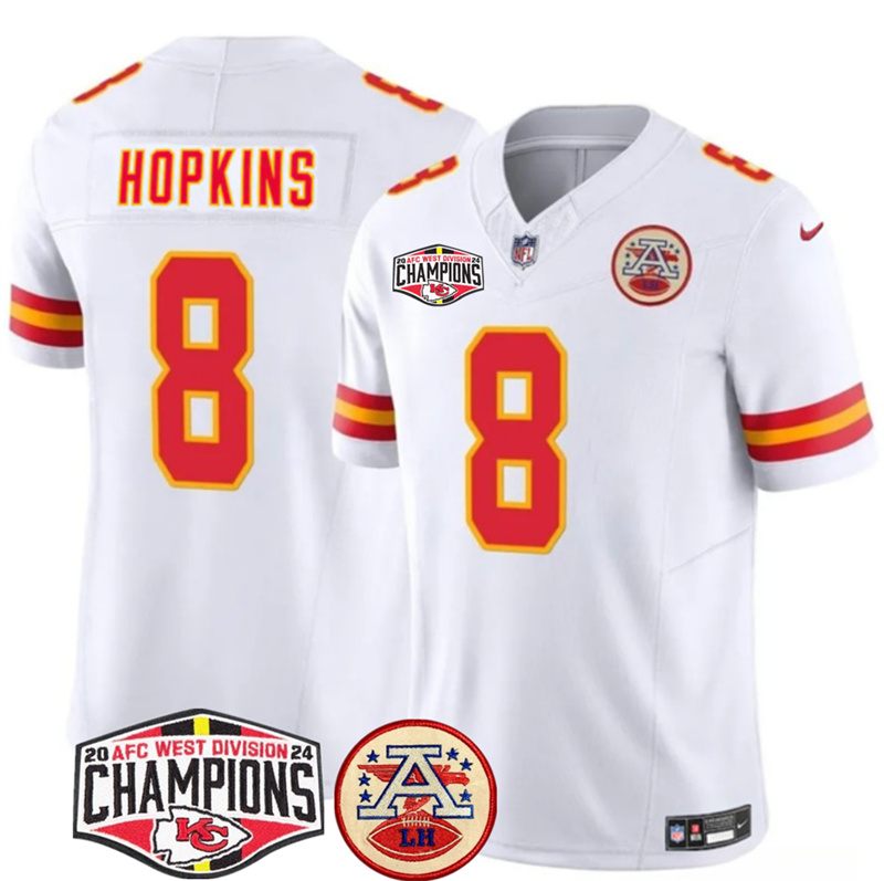 Men's Kansas City Chiefs #8 DeAndre Hopkins White F.U.S.E. 2024 AFC West Division Champions Vapor Limited Stitched Football Jersey Men's Kansas City Chiefs #8 DeAndre Hopkins White F.U.S.E. 2024 AFC West Division Champions Vapor Limited Stitched Football Jersey