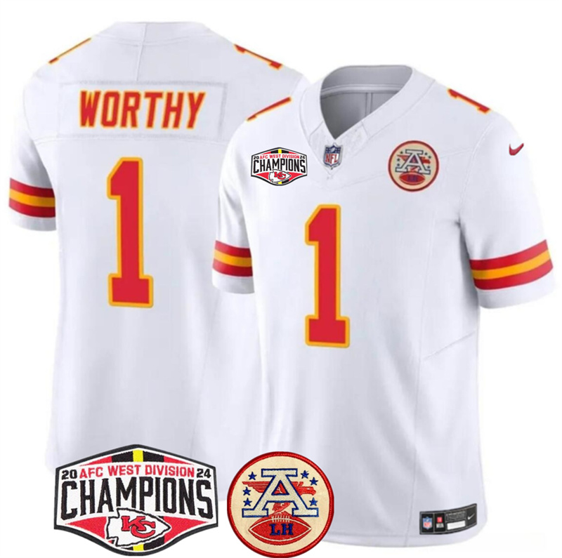 Men's Kansas City Chiefs #1 Xavier Worthy White F.U.S.E. 2024 AFC West Division Champions Vapor Limited Stitched Football Jersey Men's Kansas City Chiefs #1 Xavier Worthy White F.U.S.E. 2024 AFC West Division Champions Vapor Limited Stitched Football Jersey