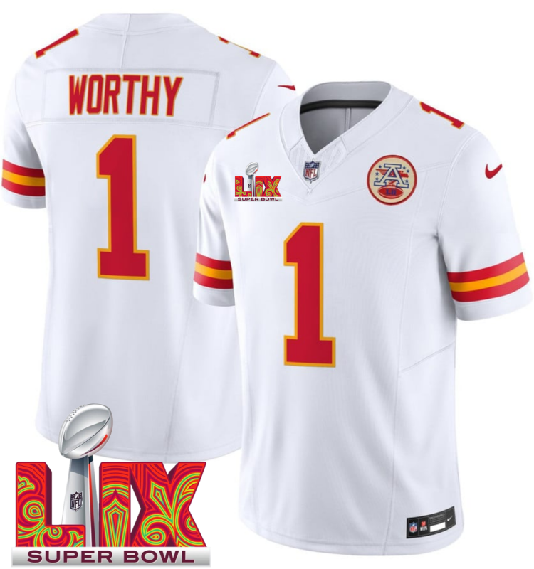 Men's Kansas City Chiefs #1 Xavier Worthy White F.U.S.E. 24/25 Super Bowl LIX Vapor Untouchable Limited Stitched Football Jersey Men's Kansas City Chiefs #1 Xavier Worthy White F.U.S.E. 24/25 Super Bowl LIX Vapor Untouchable Limited Stitched Football Jersey