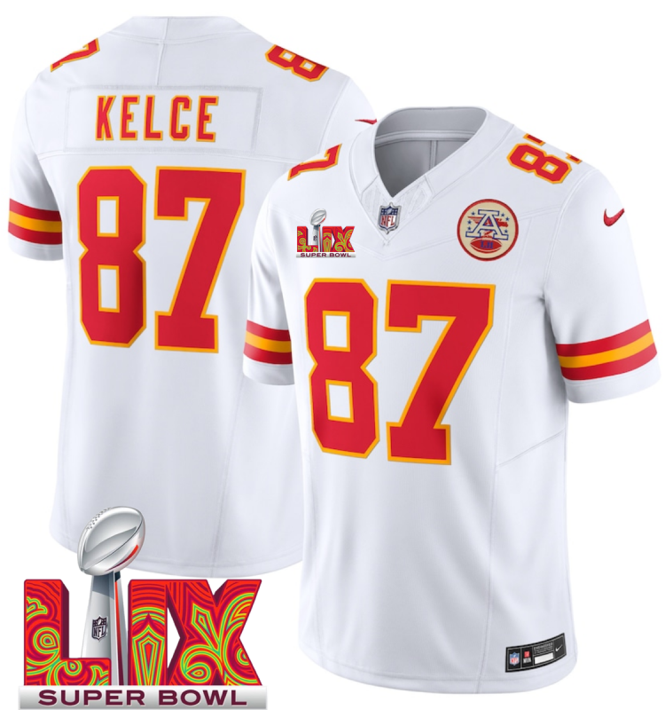 Men's Kansas City Chiefs #87 Travis Kelce White F.U.S.E. 24/25 Super Bowl LIX Vapor Untouchable Limited Stitched Football Jersey Men's Kansas City Chiefs #87 Travis Kelce White F.U.S.E. 24/25 Super Bowl LIX Vapor Untouchable Limited Stitched Football Jersey
