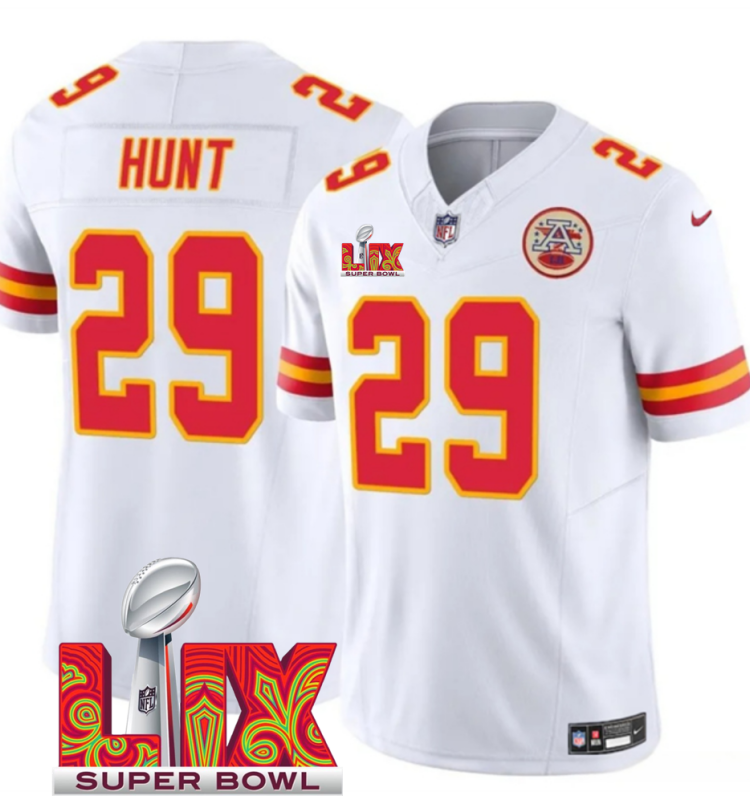 Men's Kansas City Chiefs #29 Kareem Hunt White F.U.S.E. 24/25 Super Bowl LIX Vapor Untouchable Limited Stitched Football Jersey Men's Kansas City Chiefs #29 Kareem Hunt White F.U.S.E. 24/25 Super Bowl LIX Vapor Untouchable Limited Stitched Football Jersey