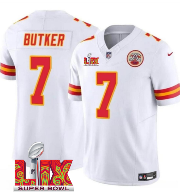Men's Kansas City Chiefs #7 Harrison Butker White F.U.S.E. 24/25 Super Bowl LIX Vapor Untouchable Limited Stitched Football Jersey Men's Kansas City Chiefs #7 Harrison Butker White F.U.S.E. 24/25 Super Bowl LIX Vapor Untouchable Limited Stitched Football Jersey