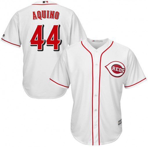 Men's Reds #44 Aristides Aquino Majestic White Home Official Cool Base Player Jersey Men's Reds #44 Aristides Aquino Majestic White Home Official Cool Base Player Jersey
