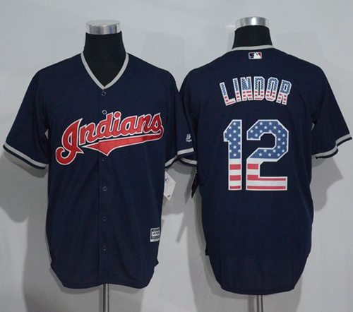 Indians #12 Francisco Lindor Navy Blue USA Flag Fashion Stitched MLB Jersey Indians #12 Francisco Lindor Navy Blue USA Flag Fashion Stitched MLB Jersey