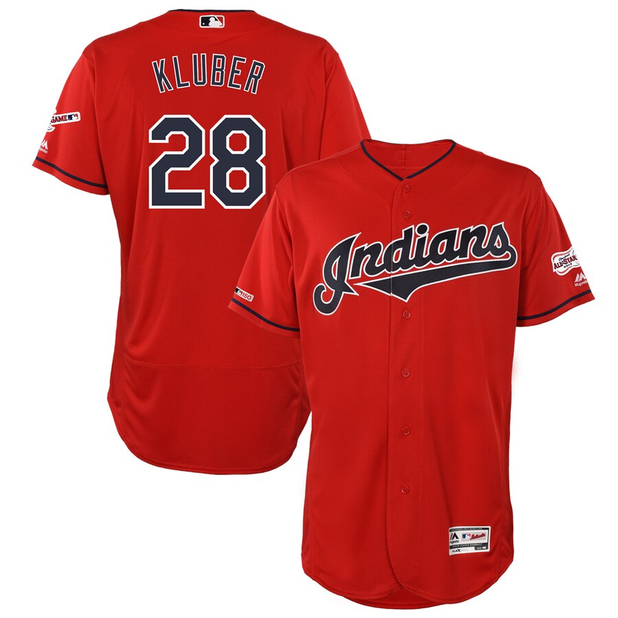 Cleveland Indians #28 Corey Kluber Majestic Alternate 2019 All-Star Game Patch Flex Base Player Jersey Scarlet