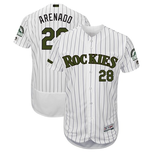 Rockies #28 Nolan Arenado White Strip Flexbase Authentic Collection 2018 Memorial Day Stitched MLB Jersey Rockies #28 Nolan Arenado White Strip Flexbase Authentic Collection 2018 Memorial Day Stitched MLB Jersey