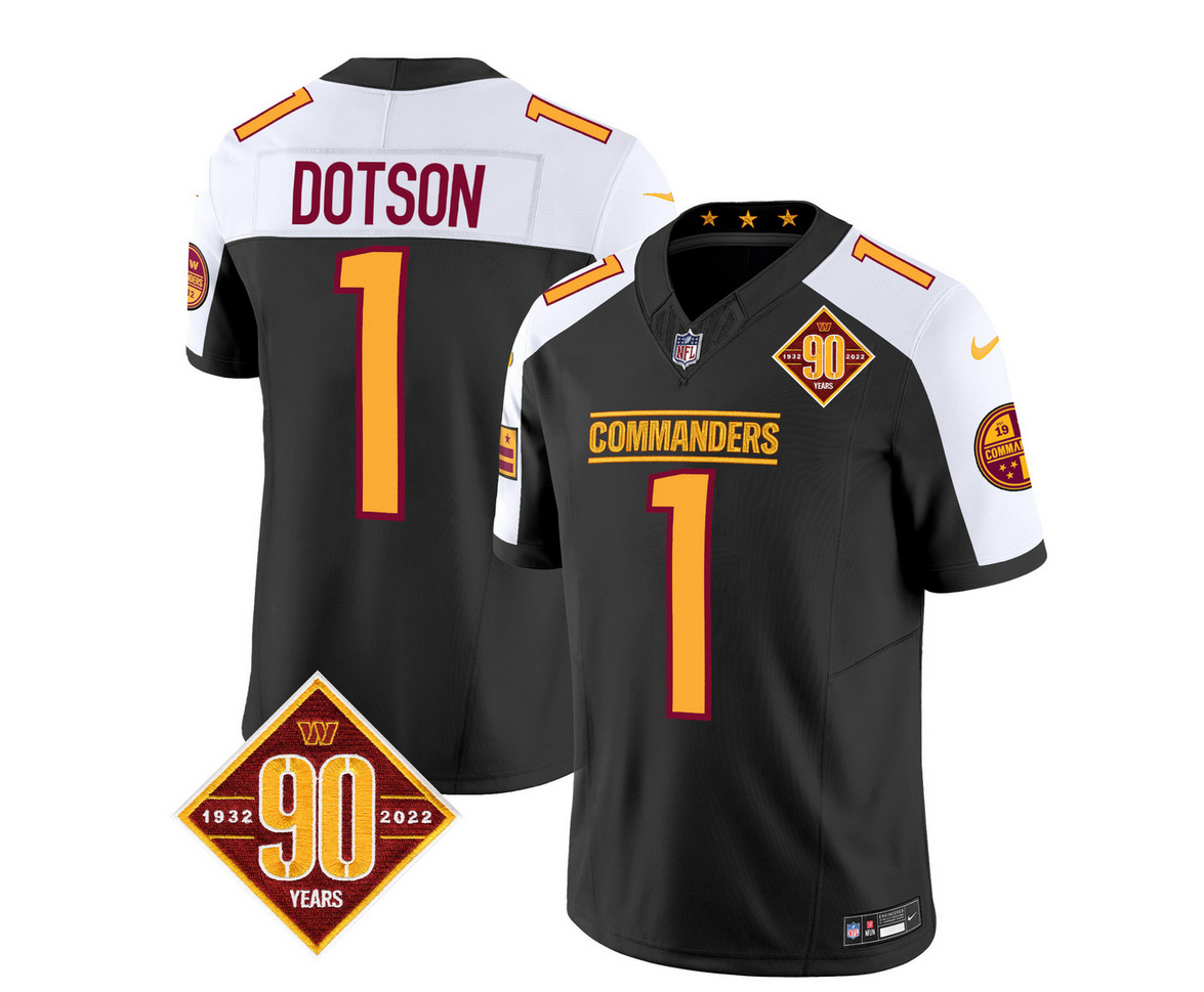 Men's Washington Commanders #1 Jahan Dotson Black/White 2023 F.U.S.E. 90th Anniversary Vapor Limited Stitched Football Jersey Men's Washington Commanders #1 Jahan Dotson Black/White 2023 F.U.S.E. 90th Anniversary Vapor Limited Stitched Football Jersey