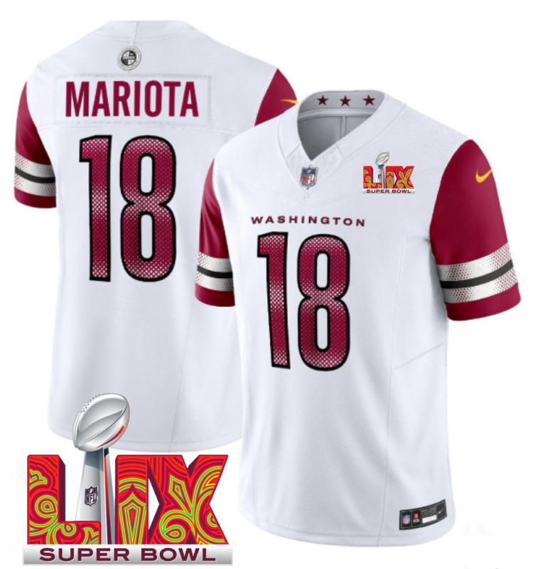 Men's Washington Commanders #18 Marcus Mariota White F.U.S.E. 24/25 Super Bowl LIX Vapor Untouchable Limited Stitched Football Jersey Men's Washington Commanders #18 Marcus Mariota White F.U.S.E. 24/25 Super Bowl LIX Vapor Untouchable Limited Stitched Football Jersey