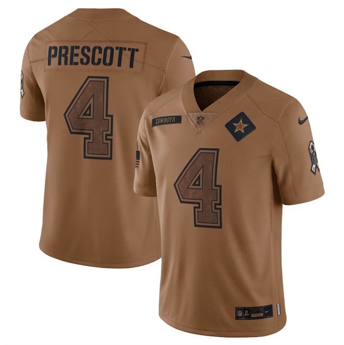 Men's Dallas Cowboys #4 Dak Prescott 2023 Brown Salute To Service Limited Football Jersey