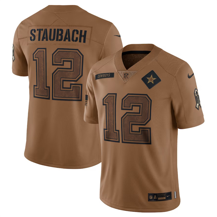 Men's Dallas Cowboys #12 Roger Staubach 2023 Brown Salute To Service Limited Football Jersey Men's Dallas Cowboys #12 Roger Staubach 2023 Brown Salute To Service Limited Football Jersey