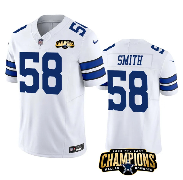 Men's Dallas Cowboys #58 Mazi Smith White 2023 F.U.S.E. NFC East Champions Patch Stitched Football Jersey Men's Dallas Cowboys #58 Mazi Smith White 2023 F.U.S.E. NFC East Champions Patch Stitched Football Jersey