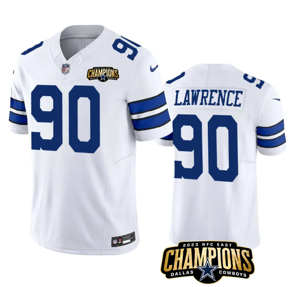 Men's Dallas Cowboys #90 DeMarcus Lawrence White 2023 F.U.S.E. NFC East Champions Patch Stitched Football Jersey Men's Dallas Cowboys #90 DeMarcus Lawrence White 2023 F.U.S.E. NFC East Champions Patch Stitched Football Jersey